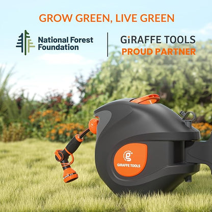 Giraffe Tools BW35 Retractable Garden Hose Reel | Wall-Mounted, Automatic Rewind, 100ft 1/2" Hose with 9-Pattern Spray Nozzle | Outdoor, Lawn, Garden & Car Cleaning Use