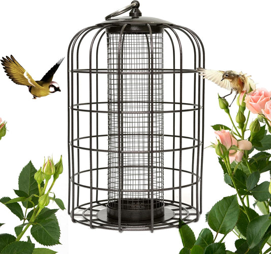 Nature's Rhythm Outdoor Hanging Bird Feeder Cage Mesh Tube Squirrel Proof Wild Bird Feeder with Large Metal Seed Guard Deterrent Green
