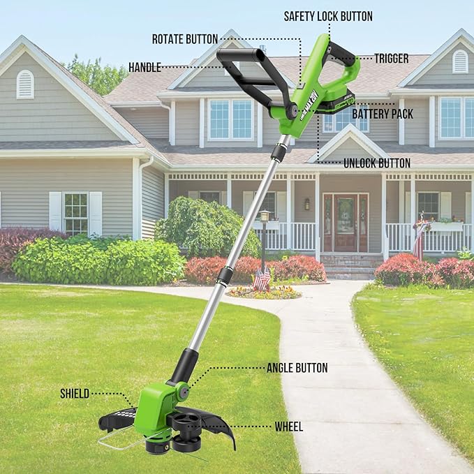 VARSK 20V String Trimmer Cordless, 12 Inch 2 in 1 Trimmer and Edger, Automatic Line Feed, Includes 2 X 2.0Ah Batteries/1 X Fast Charger/6 X Spare Spools, for Lawn, Garden, etc, Light Green