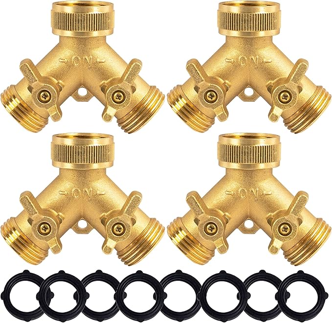 Hourleey Brass Garden Hose Splitter (2 Way), Solid Brass Hose Y Splitter 2 Valves with 2 Extra Rubber Washers (4 Pack)