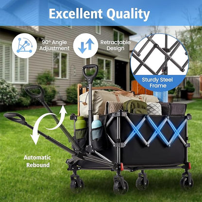 Collapsible Heavy-Duty Wagon Cart with PVC Wheels, Portable Folding Outdoor Utility Wagon for Sports, Garden, Grocery Shopping,Camping, Transportation,Hauling (130L)