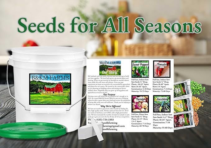 B&KM Farms 10,000 Non GMO Heirloom Vegetable Seeds for Planting Vegetables and Fruits (20 Variety Pack) - Gardening Seed Starter Kit, Survival Gear Food, Gardening Gifts, Prepper Supplies