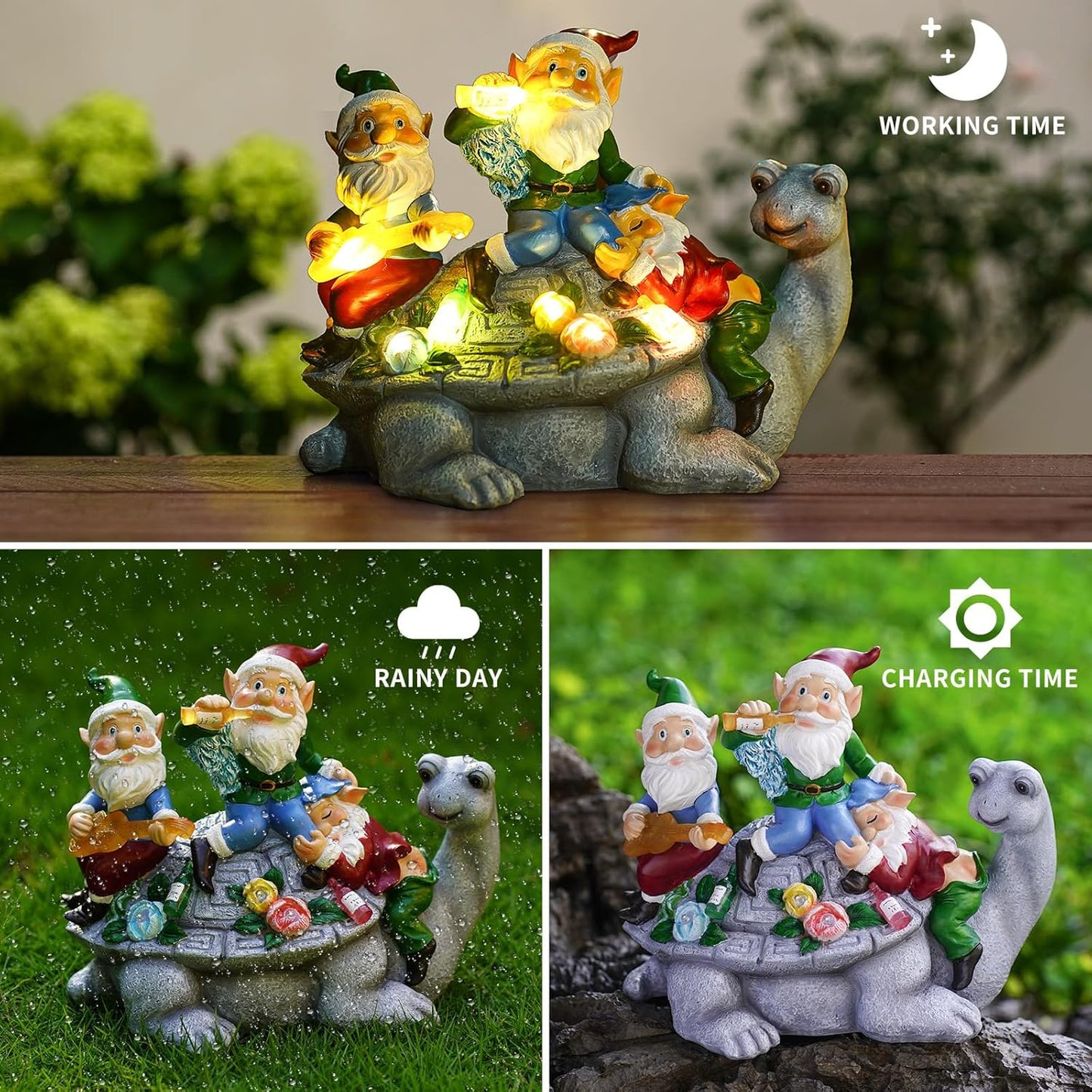 Solar Garden Outdoor Statues Three Gnomes Having Party on Turtle with 7 LED Solar Figurine for Lawn,Patio,Balcony,Yard Decor Unique Housewarming Gift, for Grandfather, Father,Grandma,Wen