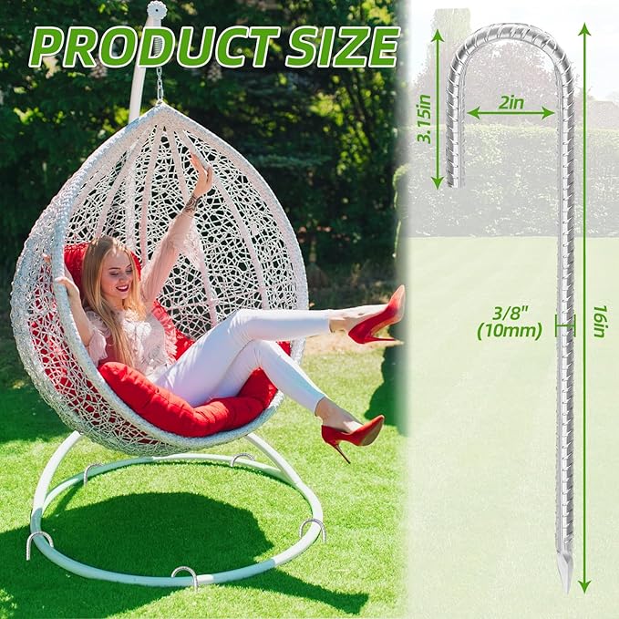 Rebar Stakes 16inx10mm Galvanized J Hook 20pcs – Heavy Duty Ground Tent Stakes for Fence,Bounce House,Outdoor Plants,Artificial Turf,Dog Coop,Metal Stakes for Christmas Decorations