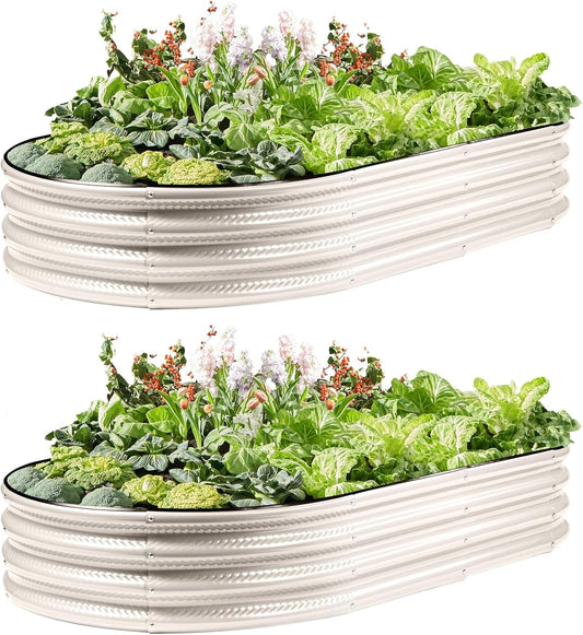 2 Pack Raised Garden Bed Kits, 4x2x1FT White Oval Galvanized Outdoor Planter Beds, Easy Assembly Metal Raised Bed for Vegetables, Flowers & Herbs