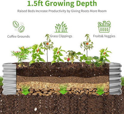 Land Guard Galvanized Metal Raised Garden Bed Kit, 8x4x1.5ft Large Planter Boxes Outdoor, Oval Gardening Box, Patio Garden Planter Box for Vegetables (Silver)