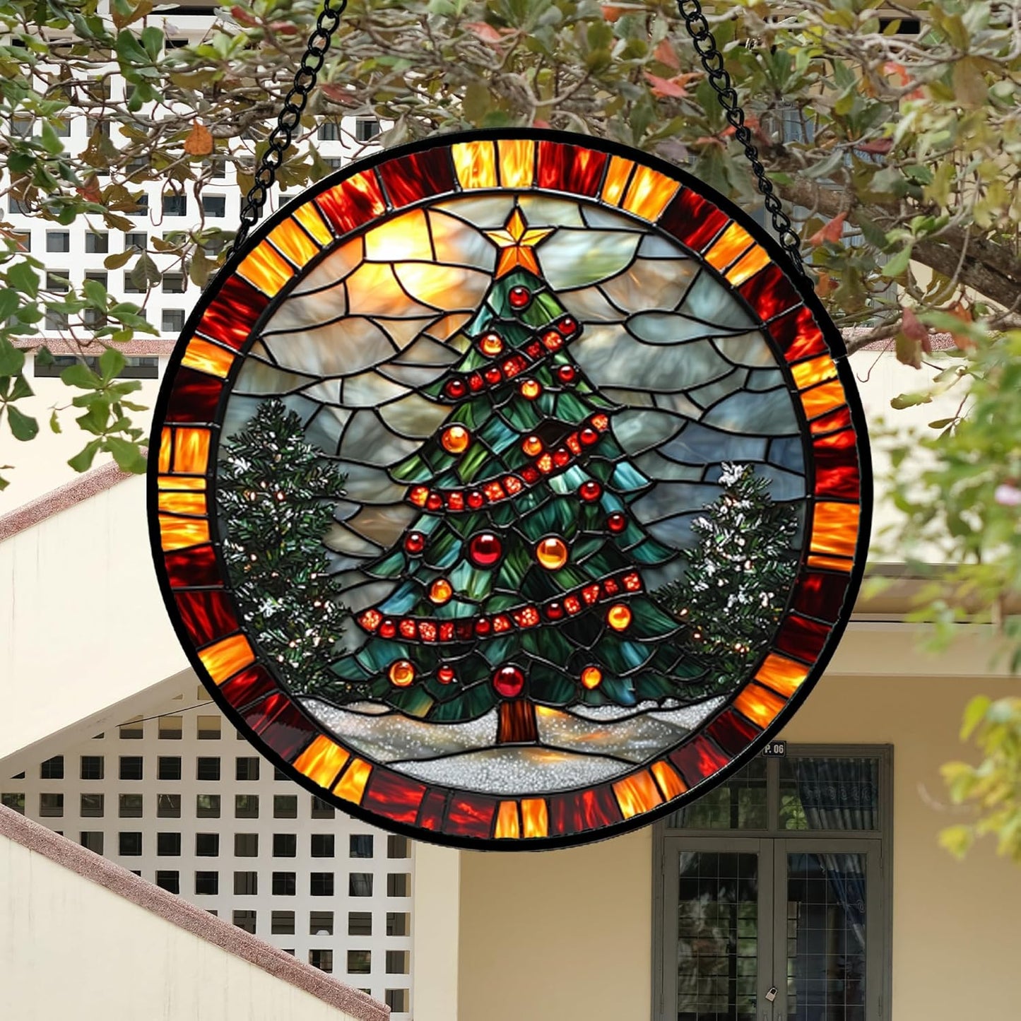 Stained Glass Window Hanging - Winter Christmas Tree Suncatcher Ready to Hang Window Doors Home Decoration, Christmas, Mother's Day Birthday Gifts for Women, Men, and Mom 14.9x14.9 in