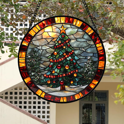 Stained Glass Window Hanging - Winter Christmas Tree Suncatcher Ready to Hang Window Doors Home Decoration, Christmas, Mother's Day Birthday Gifts for Women, Men, and Mom 14.9x14.9 in