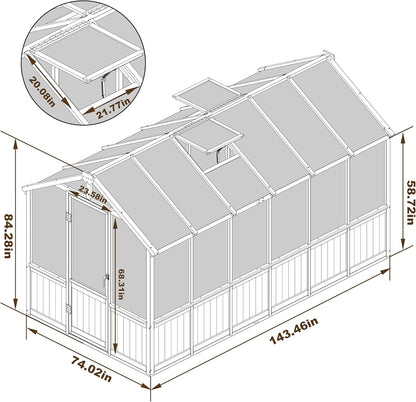 6x12 FT Greenhouse Kit for Outdoor, Thickened Polycarbonate Panel Wooden Walk-in Green House with Lockable Door and Adjustable Roof Vent, Backyard Garden, Black