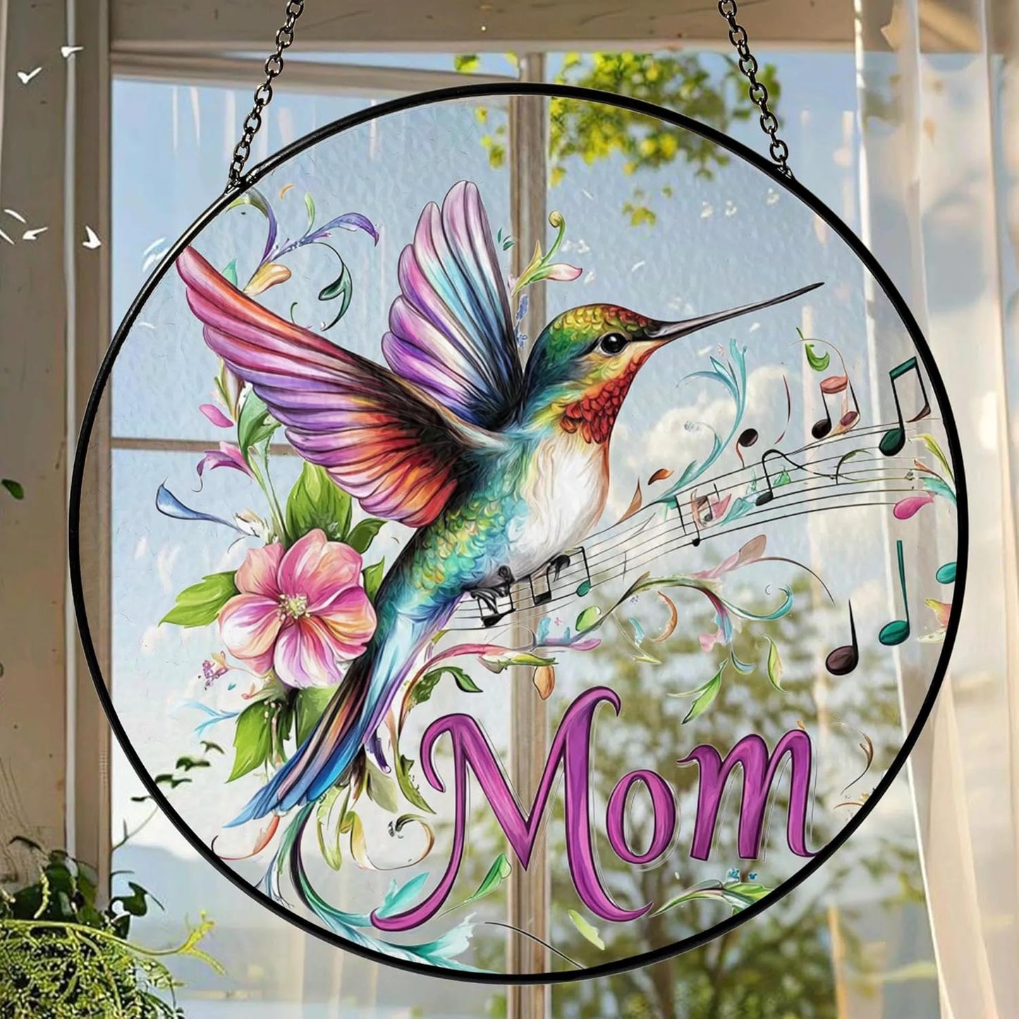 Mom Suncatcher Hummingbird Stained Glass for Windows Hanging Home & Garden Decor Best Mom Memorial Gifts for Mothers Day from Daughter Son Birthday Christmas Thanksgiving Grandma Gift