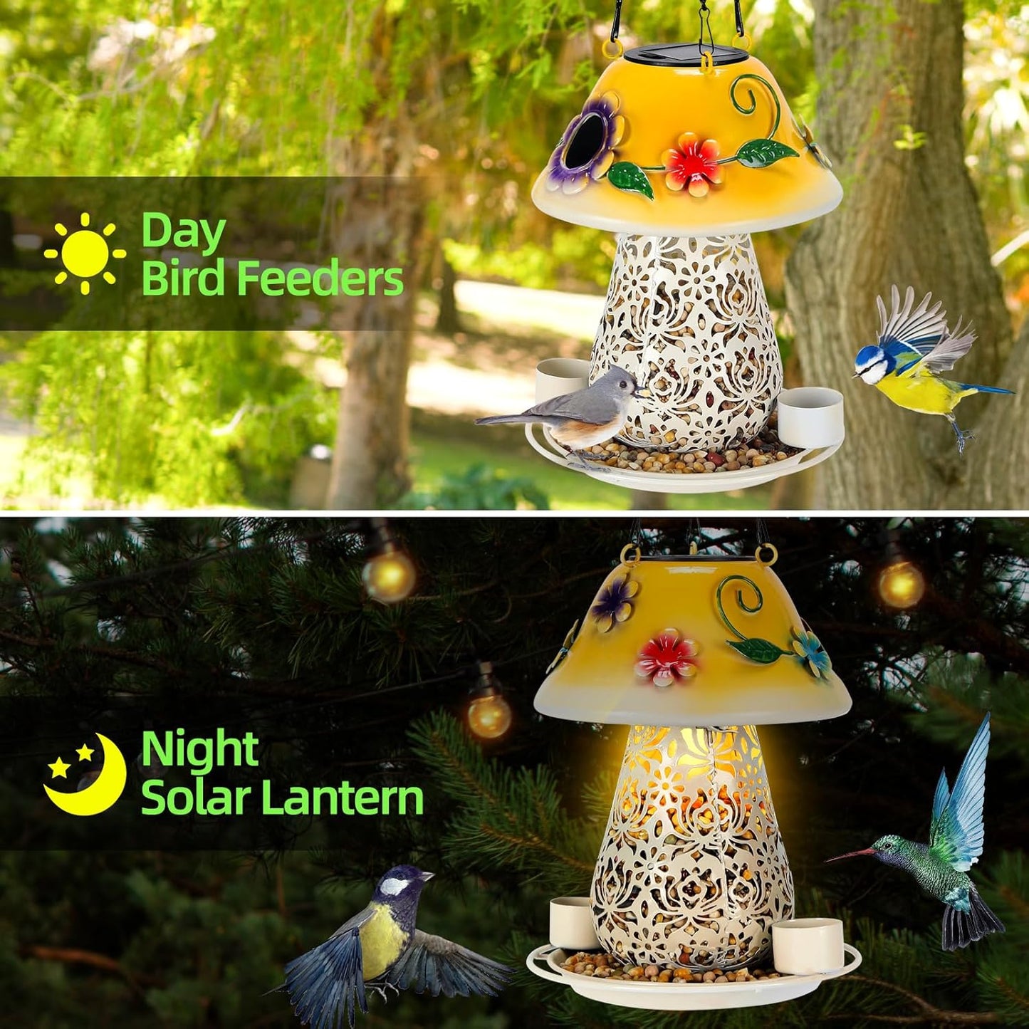 Mushroom Solar Bird Feeders for Outdoors Hanging Metal Wild Bird Feeder Garden Lantern with S Hook for Garden Decoration Yellow