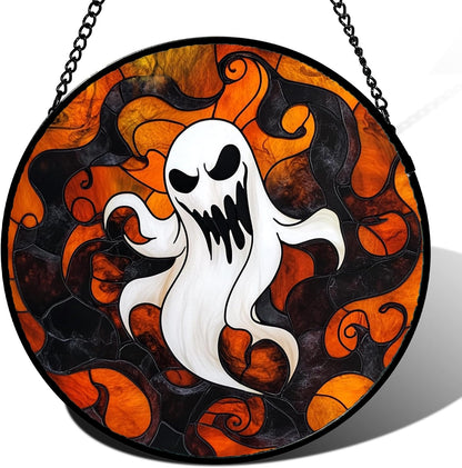 Stained Glass Window Hanging - Halloween White Ghost Suncatcher for Doors Window Garden Indoor Spooky Funny Orange Sun Catchers Gothic Decor Horror Gifts for Women Men Friend 15 in