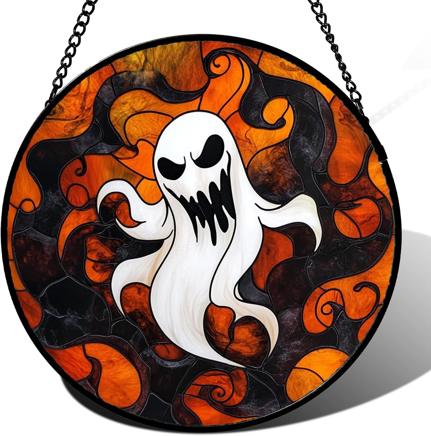 Stained Glass Window Hanging - Halloween White Ghost Suncatcher for Doors Window Garden Indoor Spooky Funny Orange Sun Catchers Gothic Decor Horror Gifts for Women Men Friend 6.3 in