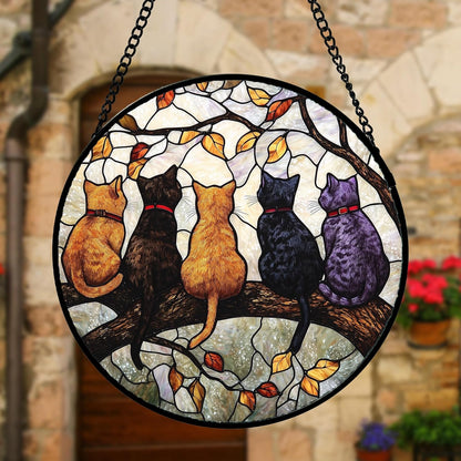 Stained Glass Window Hanging - 5 Cats on a Branch Suncatcher for Window Doors Home Decoration and Christmas, Mother's Day Father's Day Birthday Gifts for Women, Men, and Mom 7.8x7.8 in