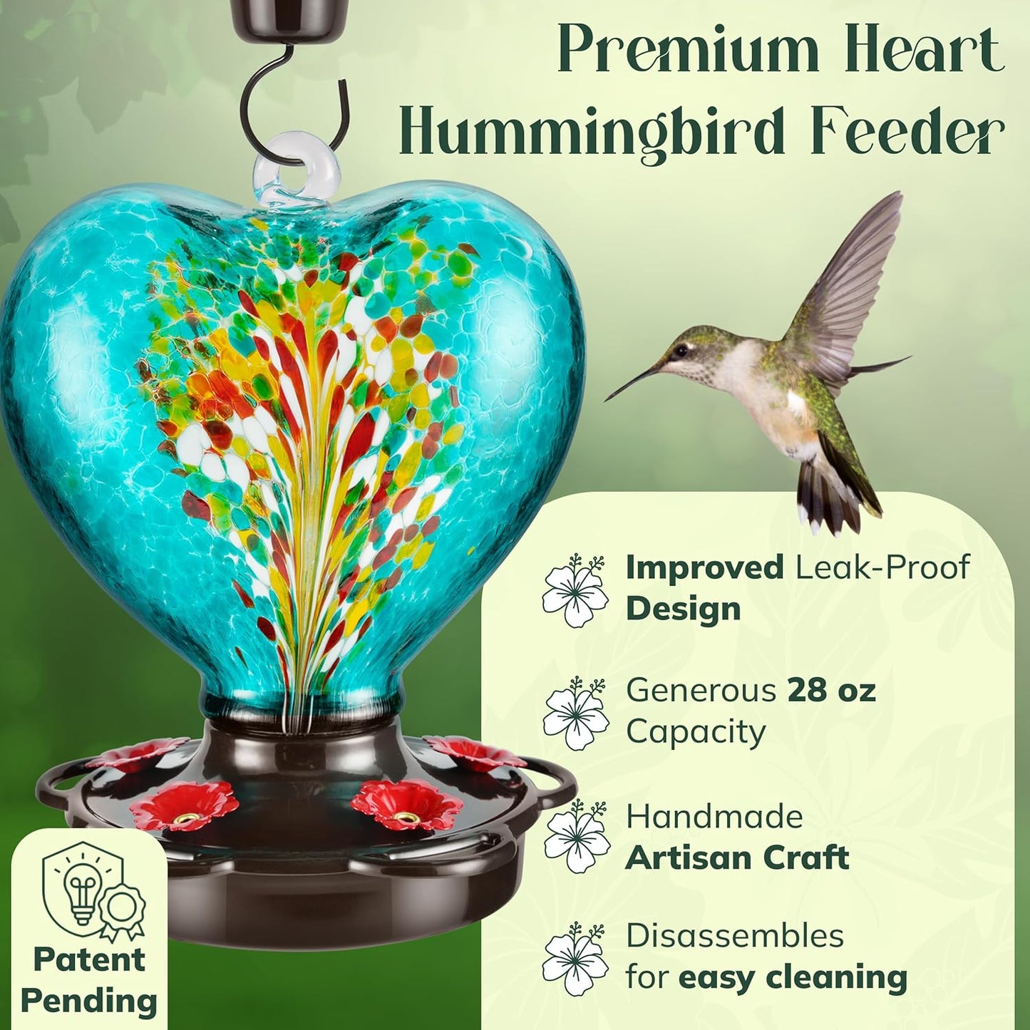Hand Blown Glass Hummingbird Feeder for Outdoors All Season Use - 28 Fl. Oz. Leak Proof Hummingbird Feeder with Rust Proof Base - Includes Ant Moat, Ant & Bee Proof (Teal)