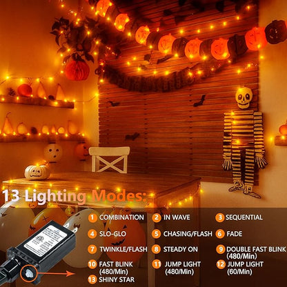 Upgraded Connectable 200 LED Halloween String Lights Outdoor Indoor, 66FT Orange Halloween Decorations Lights 13 Modes, Waterproof Twinkle Fairy Lights Plug in Clear Wire for Tree, Bedroom Decoration