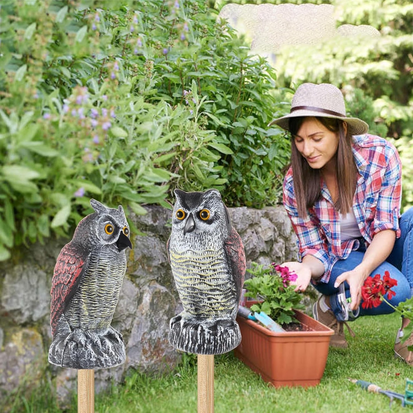 Hedoc 2 Pack Fake Owl Decoys to Scare Birds Away, Great Horned Owl Bird Deterrents, Nature Scarecrow Plastic Pest Repellent, Garden Decor and Yard Decoration for Gardens and Rooftops