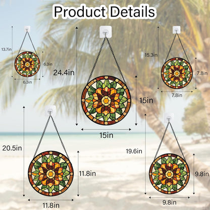 Stained Glass Window Hanging - Yellow Green Boho Style Flowers Sun Catcher for Door Garden Home Decor Suncatcher Christmas Mother's Day Birthday Gifts for Women Mom Girl Nana Friend 15 in