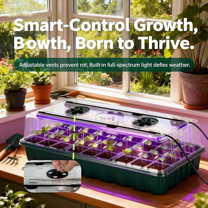Seed Starter Tray with Grow Light, 2 Pack 72 Cells Seed Starter Kit with Humidity Dome, Indoor Seedling Starter Tray, Adjustable Brightness Plant Germination Trays