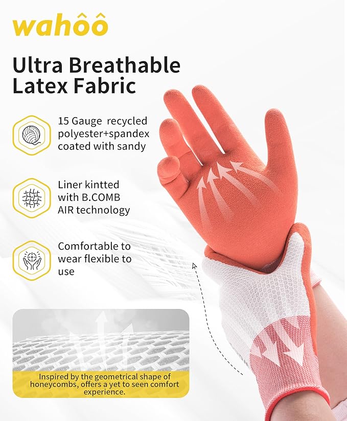 wahoo Gardening Gloves for Women, Garden Gloves with Latex Palm Coated, Breathable B.COMB AIR Technique, Pureed Pumpkin & Azure Blue, Small, 2 Pairs