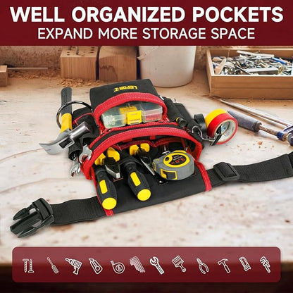 Tool Belt,Magnetic Tool Pouch,14-Pockets Tool Belts for Men,Detachable & Adjustable Tool Pouch Belt for Electrician,Carpenter,Construction,Work Apron,Utility Belt,Black-Red
