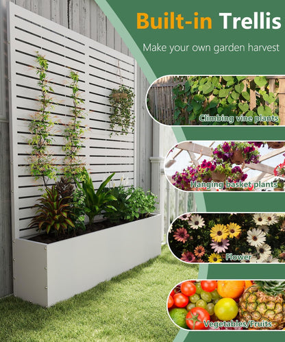 Metal Planter Box with Trellis,70.9"x47.2"x15.7" Raised Garden Bed with Drainage Holes, Privacy Planters for Outdoor Garden Bed for Climbing Plants,Vegetables,and Vines, White-louvered