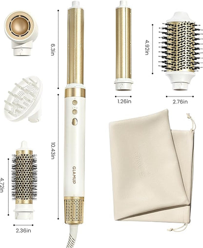 GLAMUP® Dual Voltage 6 in 1 Hot Air Styler, Upgraded Long Barrel, Diffuser, Round Brush, Powerful High Speed Dryer, Tight Grip, Curling Volumizing Gift Set with Bag, Travel Friendly