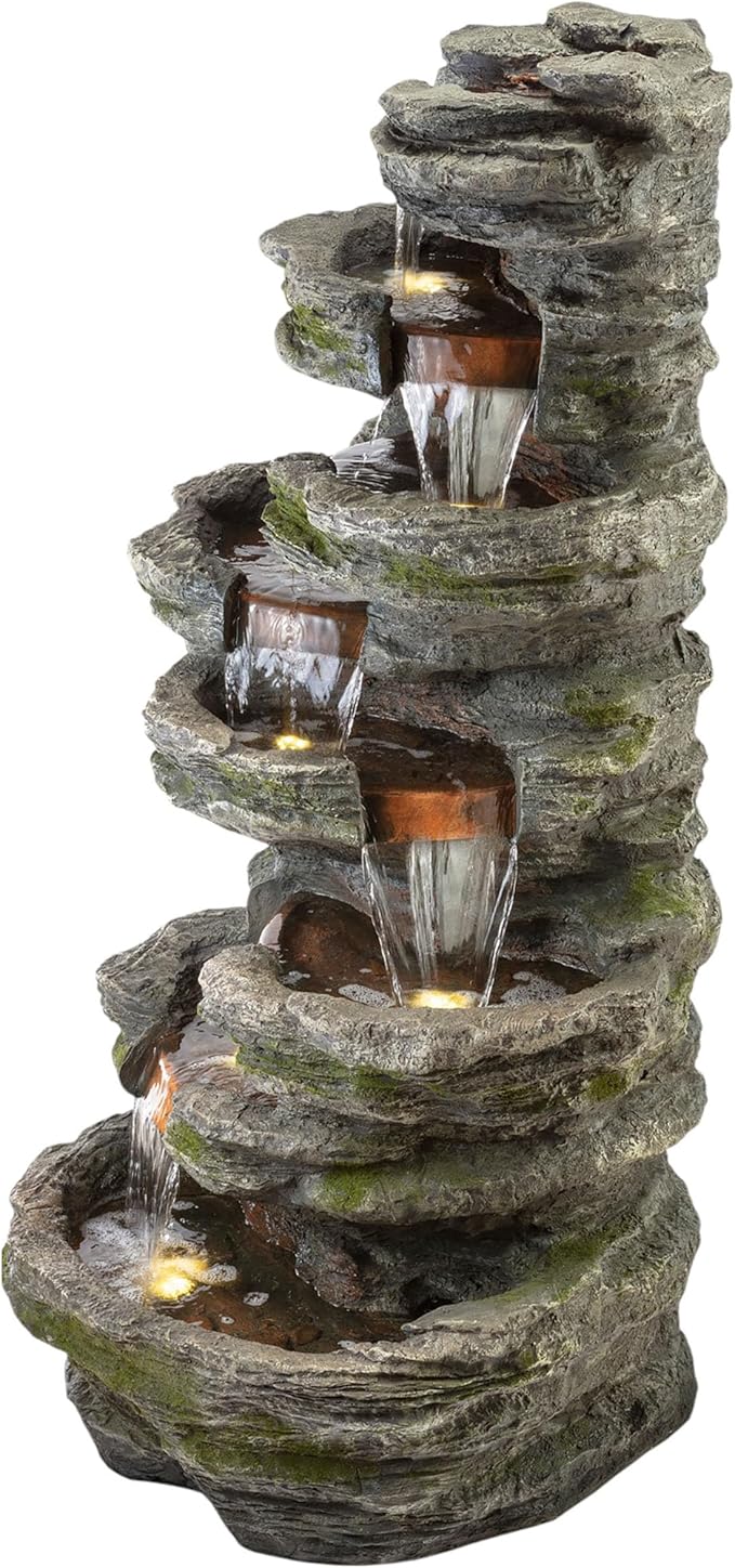 Alpine Corporation WIN1146 Outdoor Floor Cascading 8 Tiered Rock Garden Water Fountain with LED Lights, 58", Gray