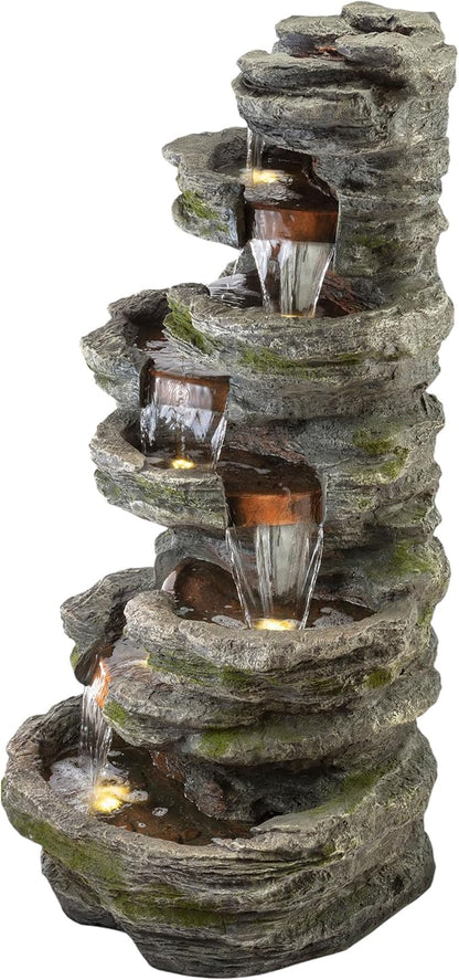 Alpine Corporation WIN1146 Outdoor Floor Cascading 8 Tiered Rock Garden Water Fountain with LED Lights, 58", Gray