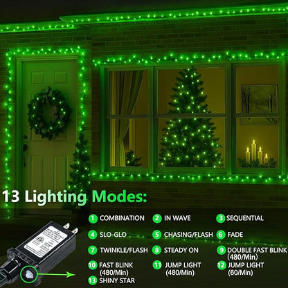 Upgraded Connectable 200 LED String Lights Indoor Outdoor, 66FT Green Halloween Lights Waterproof, 13 Modes Twinkle Fairy Lights Plug in Clear Wire for St. Patrick's Day, Bedroom, Classroom Decor