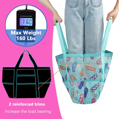 Mesh Beach Bag, Large Beach Tote with Zipper Pocket for Family Pool Bag for Toys & Vacation Essentials