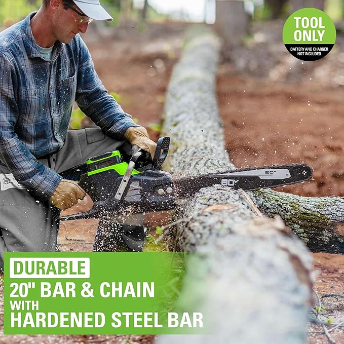 Greenworks 80V 20" Brushless Cordless Chainsaw (Great For Tree Felling, Limbing, Pruning, and Firewood), 75+ Compatible Tools, Tool Only, Green