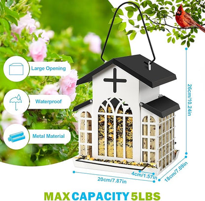 5LB Church Metal Hanging Bird Feeder for Outdoors, Weatherproof Suet Feeders for Outside Hanging, Large Bird Feeders Great for Attracting Finch, Woodpecker and More Wild Birds-Blue
