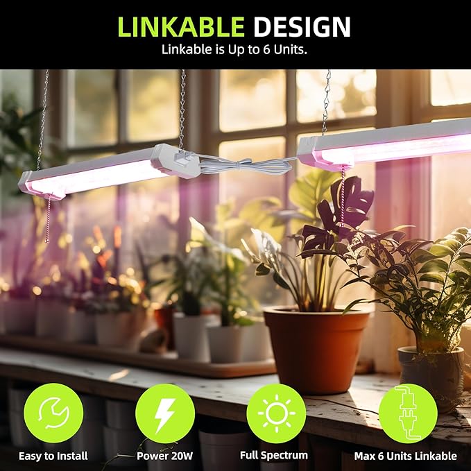 Hlite 4 Pack 16inch Adjustable Full Spectrum Plant Growing Lamps- Linkable Grow Lights for Indoor Plants Plug and Hanging Design with On/Off Switch Hanging Grow Light from Seedling to Flowering,White