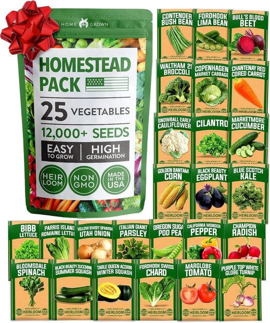 HOME GROWN 𝗨𝗦𝗔 𝗣𝗥𝗘𝗠𝗜𝗨𝗠 25 Heirloom Vegetable Seeds Kit - 12,000+ NON-GMO Seeds for Planting Vegetables, Survival Garden Seed Vault, Tomatoes Carrots Beans Kale Peppers, Indoor Outdoor Garden