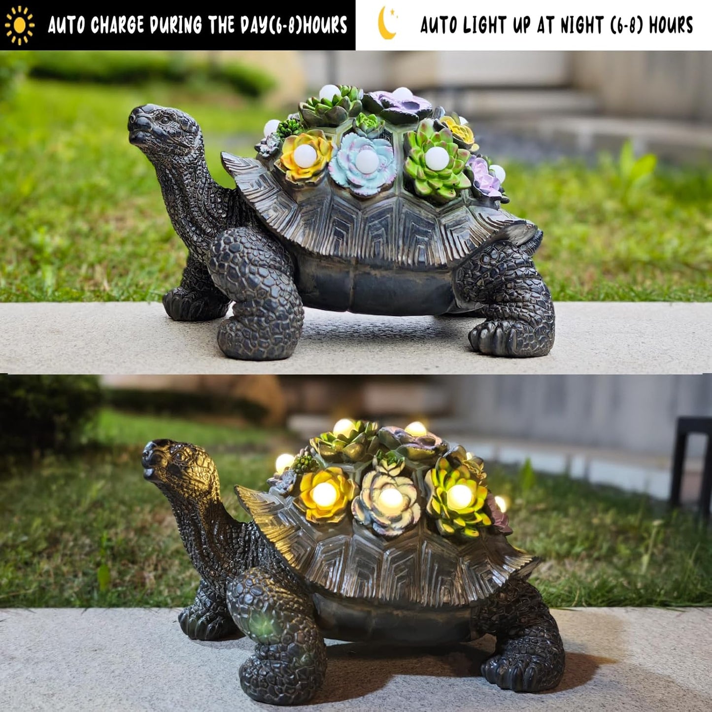 Solar-Powered Succulent Turtle Statue - Resin Garden Decor with LED Lights, Waterproof Outdoor Ornament for Patio, Yard, Lawn - Unique Housewarming Gifts