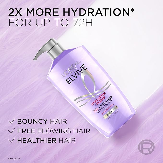 L'Oreal Paris Elvive Hyaluron Plump Hydrating Conditioner for Dehydrated, Dry Hair Infused with Hyaluronic Acid Care Complex, Paraben-Free, 26.5 Fl Oz