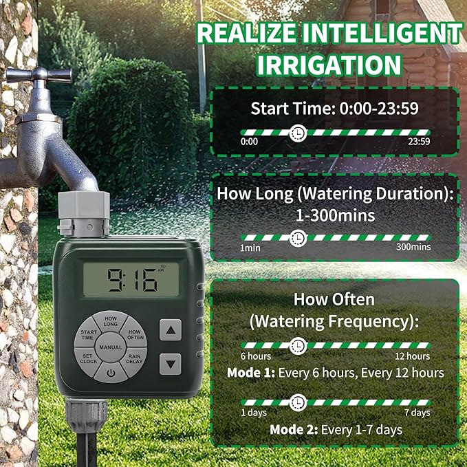 Sprinkler Timer, Programmable Irrigation Water Timer for Garden Hose, Solar/Battery Dual Power & Professional Leak-Proof Design, Rain Delay/Auto/Manual Watering System, Green