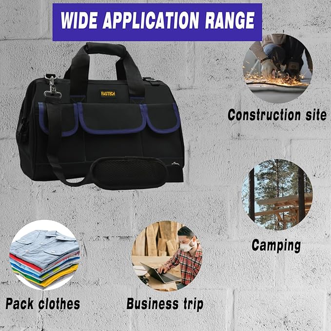 FASTECH 22 Inch Tool Bag, Waterproof Wide Mouth Tool Kit, Heavy Duty Tool Bag Organizer With Shoulder Straps, Tool Storage Package For Men/Women (22IN DarkBlue)