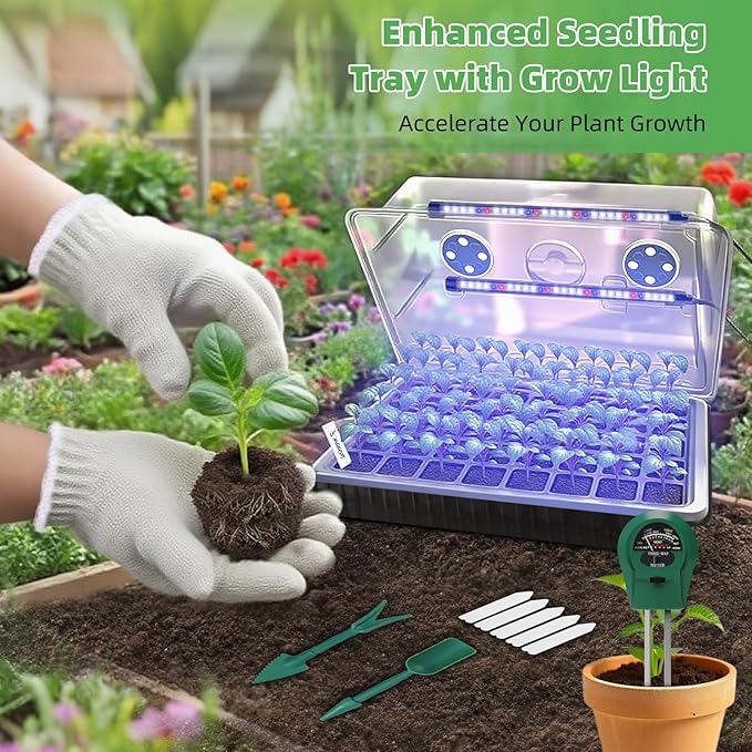 120-Cell Self-Watering Seed Starter Trays with Grow Light, Seed Starter Kit with 3-in-1 Soil Moisture Meter, Indoor Seedling Starter Tray for Plant Germination, Seeds Growing