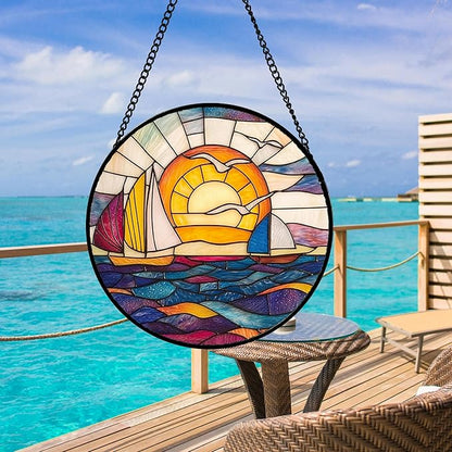 Stained Glass Window Hanging, Sailboat and Waves Suncatcher Diamond Glass Panel Hangings Sun Catchers Decor for Birthday for Women, Men, Wife, Aunt, and Mom 14.9x14.9 in