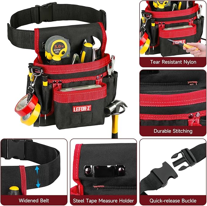 Tool Belt,Magnetic Tool Pouch,14-Pockets Tool Belts for Men,Detachable & Adjustable Tool Pouch Belt for Electrician,Carpenter,Construction,Work Apron,Utility Belt,Black-Red