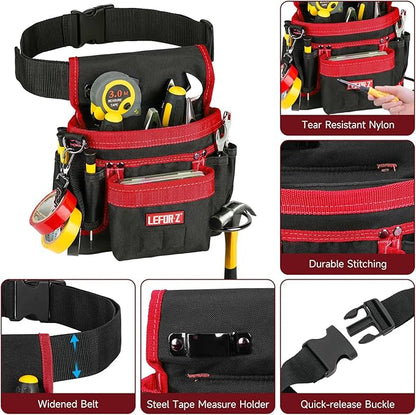 Tool Belt,Magnetic Tool Pouch,14-Pockets Tool Belts for Men,Detachable & Adjustable Tool Pouch Belt for Electrician,Carpenter,Construction,Work Apron,Utility Belt,Black-Red