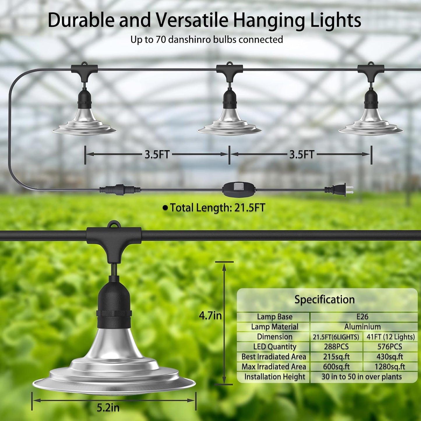 6-Light Outdoor LED Grow Lights – Waterproof Full Spectrum Greenhouse Lights for Plants, 21.3FT Adjustable String Lights with 288 LEDs E26 Base Bulbs, IP44 Waterproof for Garden, Farm, Yard