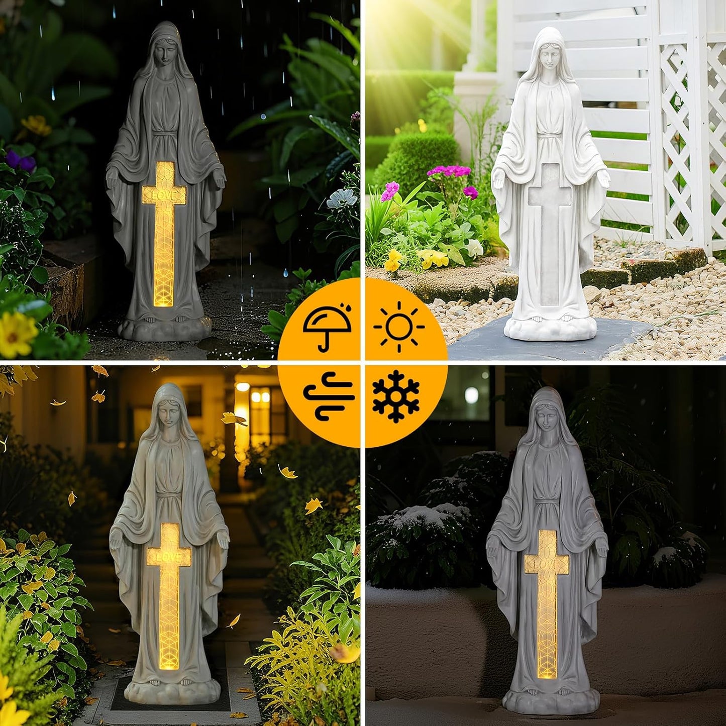 Solar Virgin Mary Praying Statue 27.9 Inch- Outdoor Religious Garden Decor with LED Lights, Weather-Resistant Magnesium Oxide Sculpture for Yard, Patio, Entryway （White Solar Virgin Mary）
