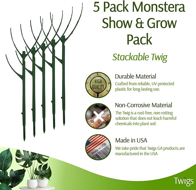 Stackable Monstera Plant Support Stakes, Climbing Plants Support Structures for Indoor & Outdoor Use, Garden Accessories, Alternative to Moss Pole - Monstera Green, 5 Pack, 17" L