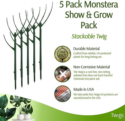 Stackable Monstera Plant Support Stakes, Climbing Plants Support Structures for Indoor & Outdoor Use, Garden Accessories, Alternative to Moss Pole - Monstera Green, 5 Pack, 17" L