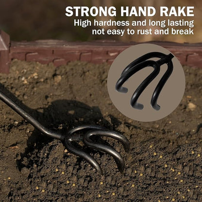 Hand Cultivator Rake, Ergonomic Small Garden Rake with Walnut Handle & 4 Durable Tines, Garden Tools for Weeding, Digging and Cultivating