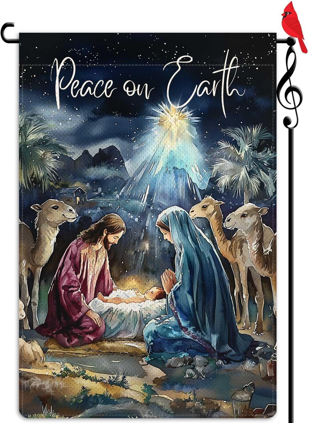 Peace on Earth Garden Flag Jesus Birth Nativity Night Small Flag for Outside Burlap Double Sided Welcome Yard Lawn Winter Decor 12.5x18"