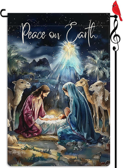 Peace on Earth Garden Flag Jesus Birth Nativity Night Small Flag for Outside Burlap Double Sided Welcome Yard Lawn Winter Decor 12.5x18"